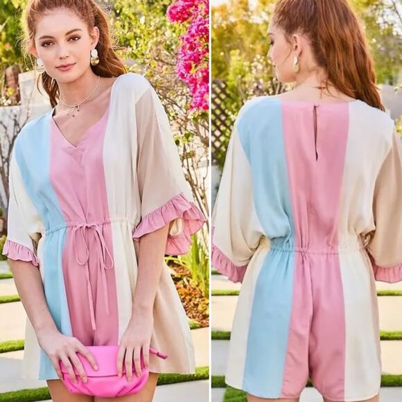 NWT Main Strip Cream/White/Mint/Rose Colorblock Tie Waist Romper Size Small - Picture 1 of 14